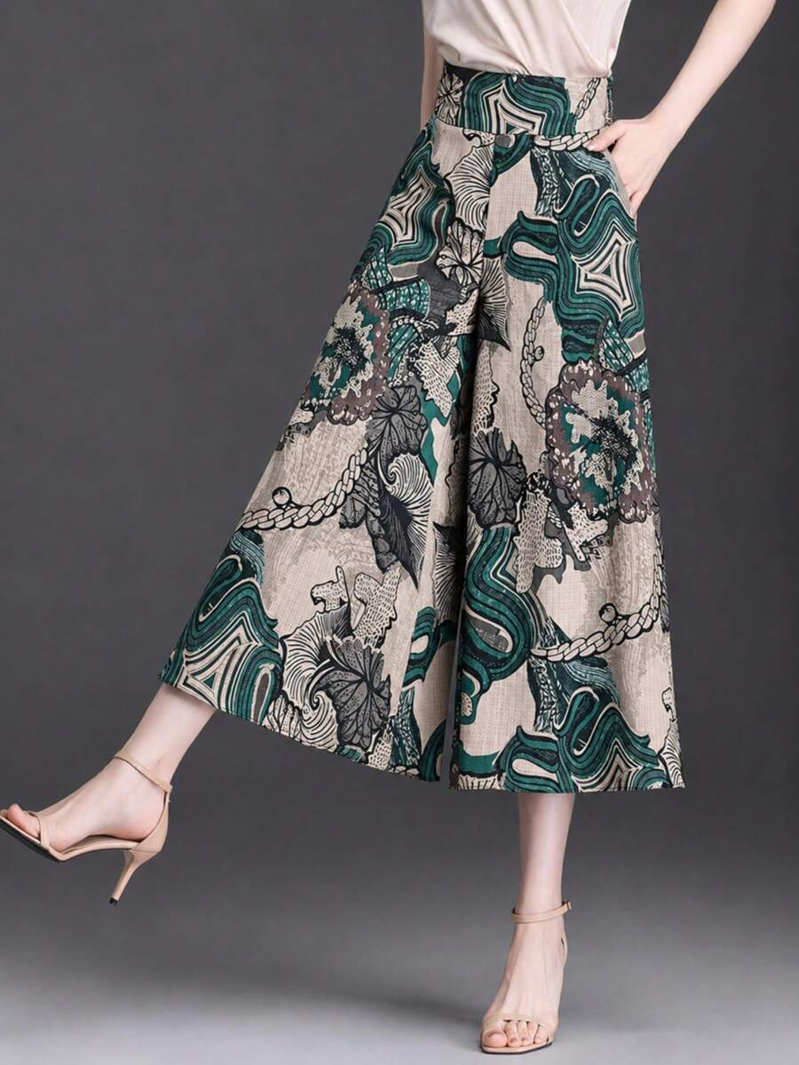 Elegant Autumn/Winter Wide Leg Pants, Bohemian Style Floral & Leaf Print, Slimming High Waist - Multicolor - View 1