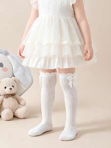 3 Pairs Girls Bowknot Decorated Knee-High Socks, Suitable For Primary And Middle School Students School Uniform Matching - White - View 6