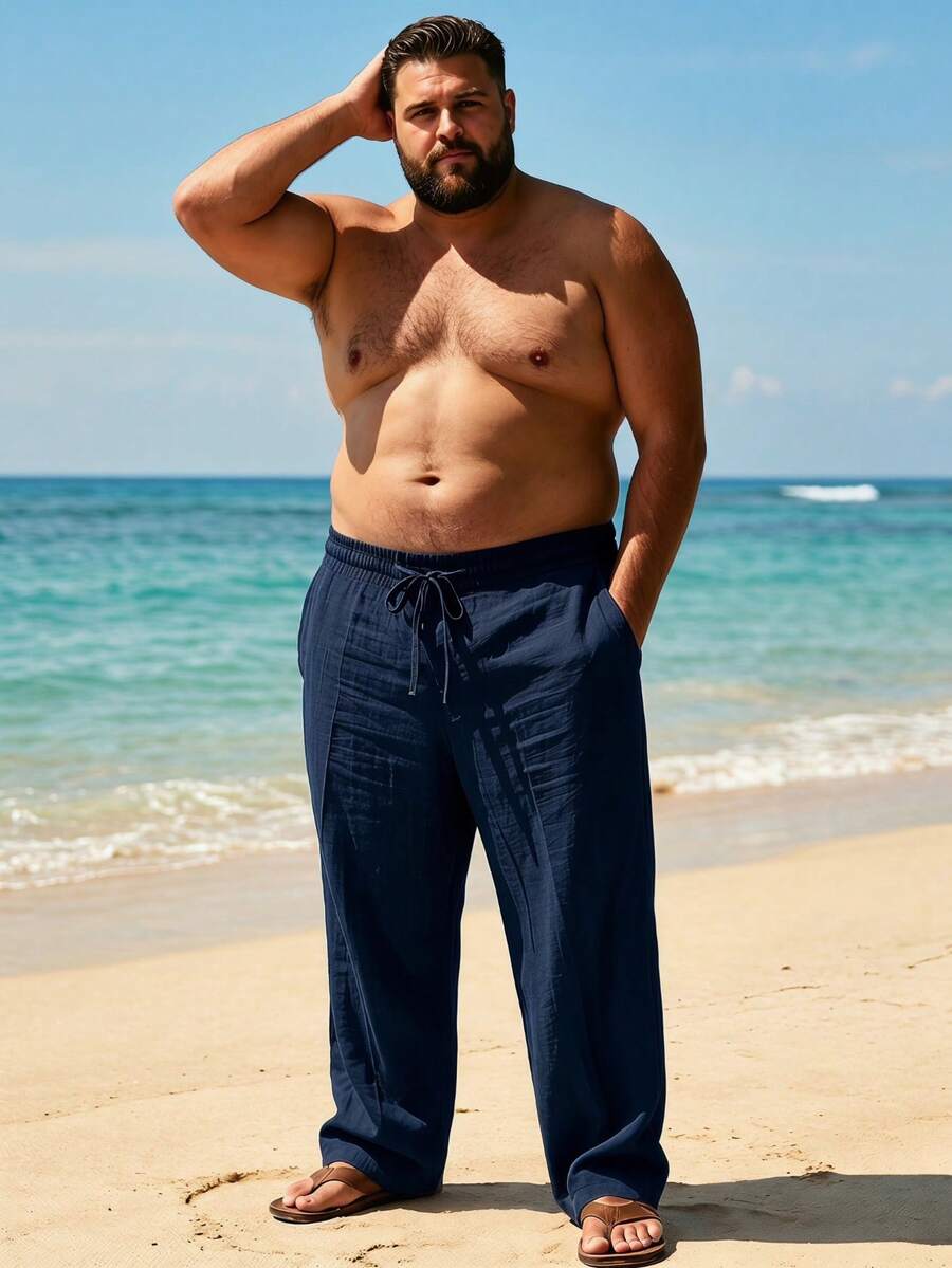 男士大尺碼 1XL-6XL 寬鬆直筒亞麻休閒長褲,夏威夷度假風海灘長褲 - 藏蓝色 - 查看 1