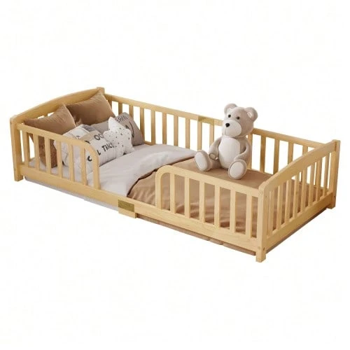 Low Bed Measuring 90 X 200 Cm With Safety Rails, Central Entrance, Made Of Pine Wood. Low Bed With Rails, White. - Natural Color - View 1