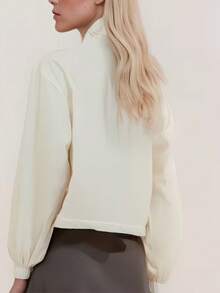 Women's Fashion High Neck Long Sleeve Shacket With Pockets, Regular Length Polyester - White - View 2