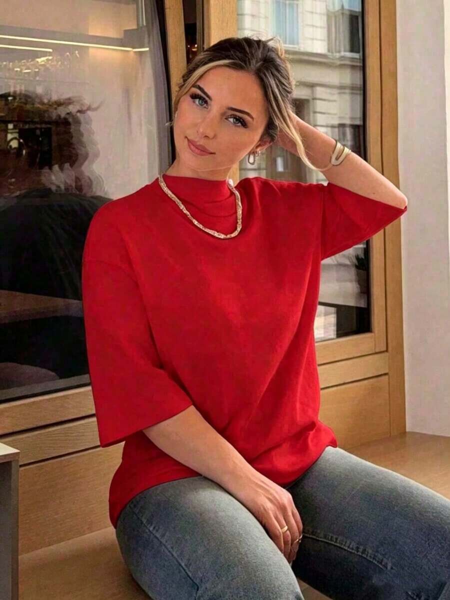 Camiseta de algodón blanco oversize verano mujer minimalista holgado casual cómodo - Rojo - Ver 1