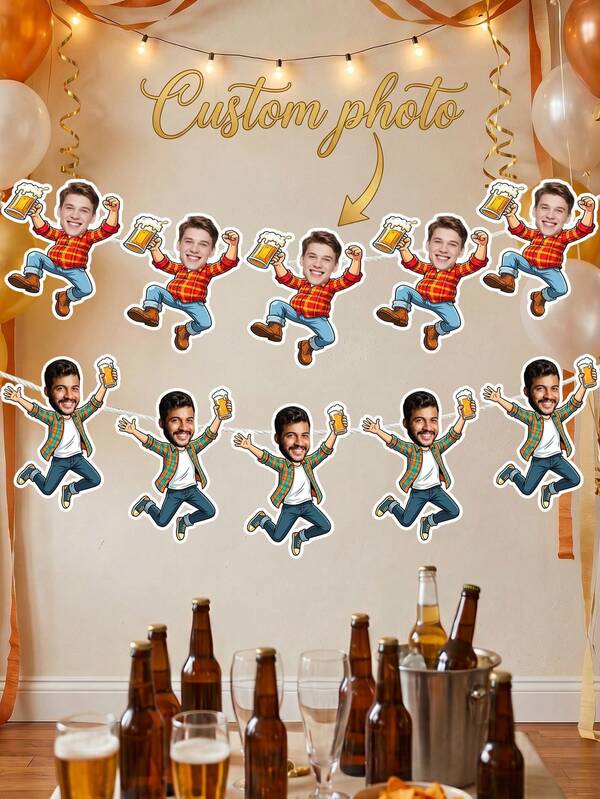 Custom Photo Beer Man Banner, Personalized Cartoon Guy Party Banner Decor, Funny Bachelor Party Birthday Bar Hanging Sign Supplies For Men Husband Dad Beer Lovers