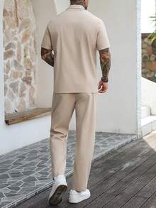 Men's Solid Color Short Sleeve Single-Breasted Casual Shirt And Pants Set - Apricot - View 2