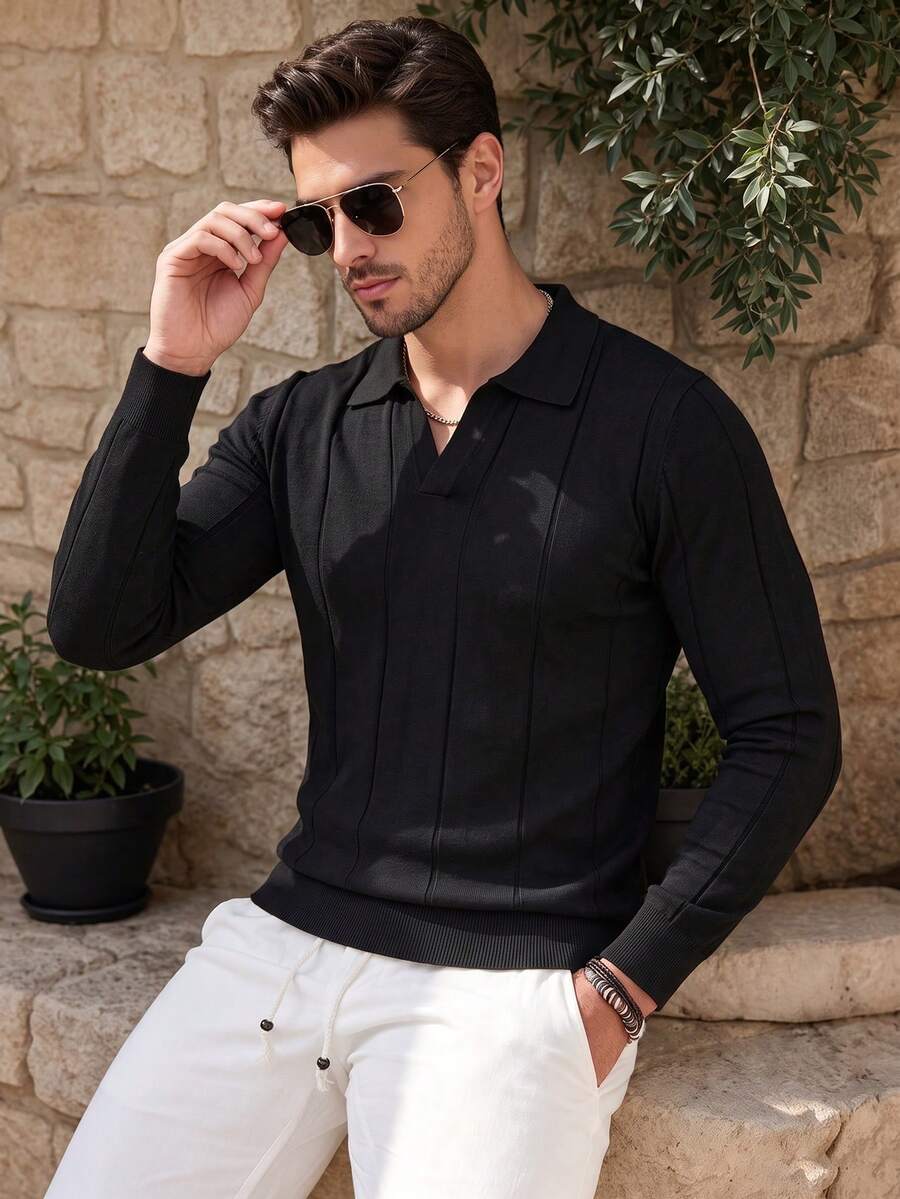 ALTZTAR Men's Loose Fit Thin Long Sleeve Ribbed Knit Polo Shirt, Minimalist Fashion, Suitable For Daily Commute, Spring And Autumn - Black - View 1