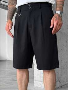 Men's Summer Black Pleated Suit Shorts With Metal Ring Design, Loose Drape Casual Trousers - Black - View 3