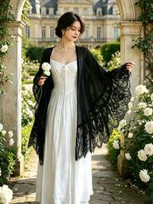 1pc Bohemian Style Solid Color Semi-Sheer Wavy Lace Trim Shawl Cover Up - Multicolor - View 2