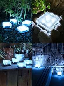 1/4/8件組戶外太陽能地燈，白色光小/大尺寸花園裝飾LED夜燈，便攜式樓梯踏步燈，白色透明玻璃殼，內置可充電電池，嵌入式太陽能板充電，適用於地面、樓梯、陽台、花園、街道、小徑、茶几、室內床飾裝飾燈具 - 白光-冰磚燈 - 查看 7