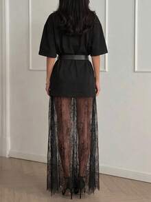 Women's Black Loose Short Sleeve Knit Dress, Lace Patchwork Mid-Length French Casual, Elegant For Dating, Vacation, Street Wear (Belt Not Included) - Black - View 4
