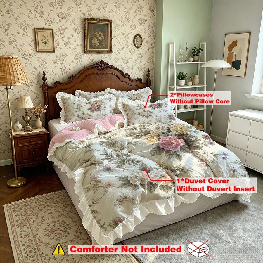 粉色極簡花卉圖案印花床上用品3件套,1件被套和2個枕套(不含填充物),高清晰染色,100%聚酯纖維面料,皇后尺寸,舒適柔軟,拉鍊封口,可機洗,適用於居家臥室、客房、旅行露營和宿舍 - 彩色 - 查看 1