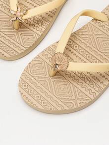 Evertop Surf Summer Ocean Style Oil Drop Shell & Starfish Decor Chain Square Toe Flat Slide Sandals AB Version Asymmetric Sandals Soft Sole Beach Vacation Bohemian Daily Versatile Street Style Original Design - Apricot - View 3
