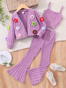 Girls Sweet Lady Style Purple Ribbed 3 Pieces Set: Colorful 3D Floral Decor Short Long Sleeve Cardigan + Solid Color Camisole + Elastic Waist Flared Pants, Daily Outfit For Little Girls - Mauve Purple - View 2