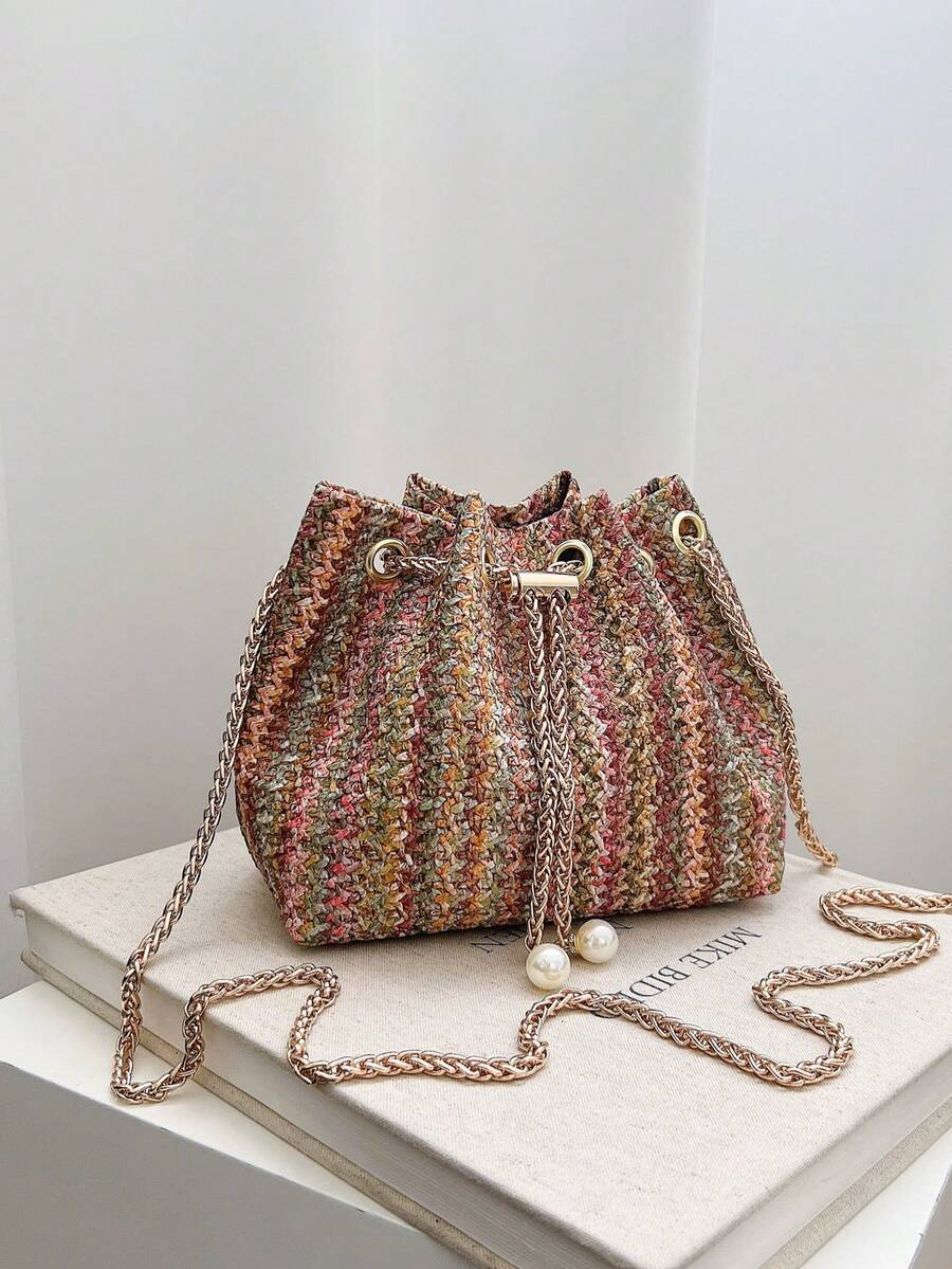 Mini New Fashion Straw Woven Gold Chain Drawstring Bucket Bag Beach Bag