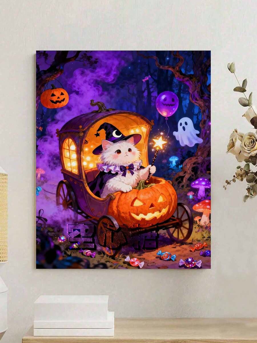Pintura al óleo por números DIY de gato bruja lindo, calabaza y carruaje de Halloween en lienzo, manualidades para adultos, decoración del hogar, regalo festivo - Conjuntos - Ver 1