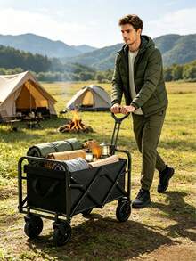 Foldable Camping Trolley, Made Of Wear-Resistant Large-Capacity Oxford Cloth, Constructed With Thickened Stable Steel Frame, Equipped With Smooth Universal Large Wheels And Retractable Pull Rod, Easy For Outdoor Transportation - Multicolor - View 6