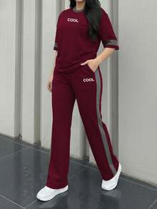 女款春夏秋新款圓領短袖T恤與休閒日常彈性腰鬆身長褲兩件套 - 酒紅色199 - 查看 4