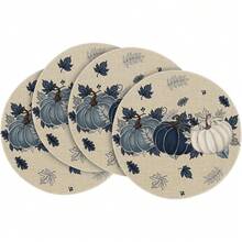 Navy Blue Pumpkin & Eucalyptus Leaf Round Autumn Placemats 4pcs/6pcs, 14 Inch Thanksgiving Round Table Mats For Dining Table Decor - Multicolor - View 10