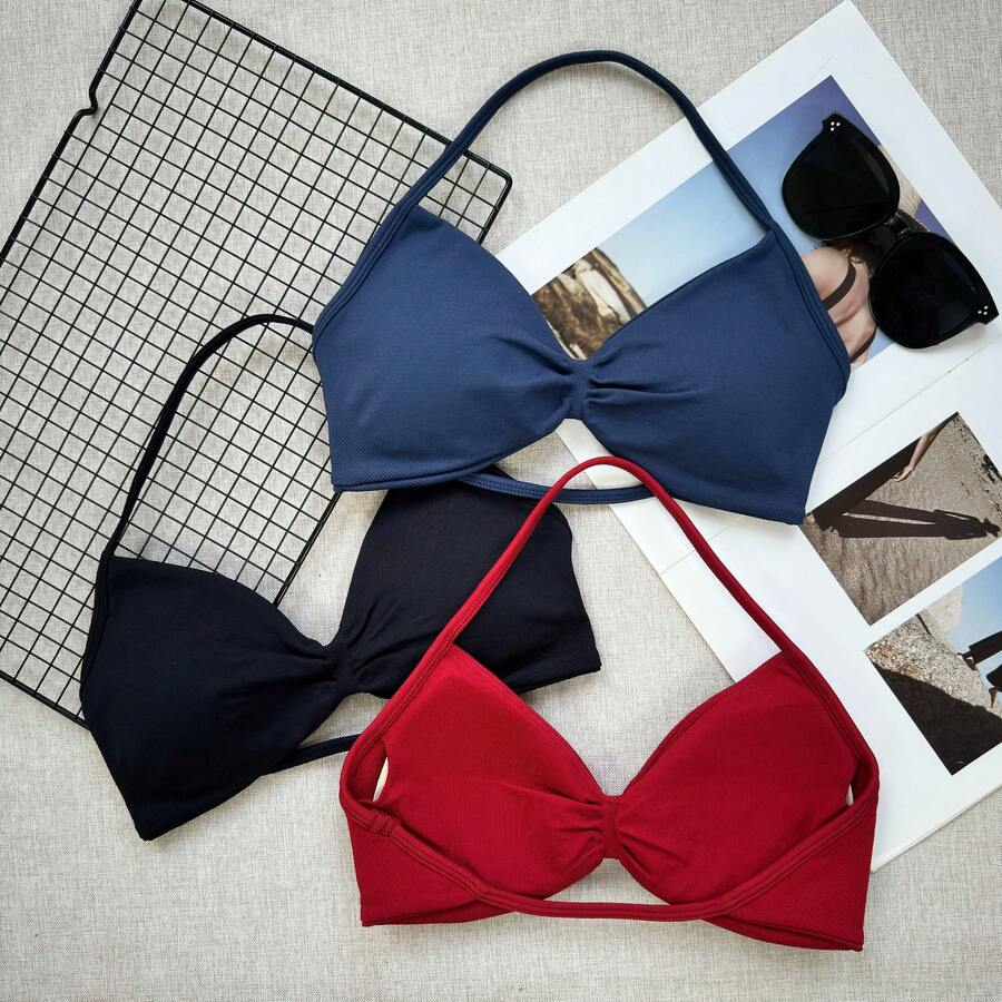 3件組女款熱銷細肩帶露背運動內衣，輕支撐健身無縫運動內衣，抽褶瑜伽內衣附可拆式胸墊