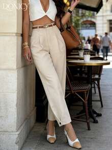 DONICY 女款素色米色寬腿長褲，優雅紋理面料百褶長褲，適合春夏辦公通勤與日常穿著（無腰帶） - 杏色 - 查看 5