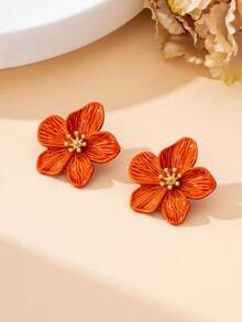 1 Pair Of Dopamine Inspired Orange Hibiscus Earrings With Vibrant Summer Beach Energy, Suitable For Kids Daily Wear - Flowers - View 3