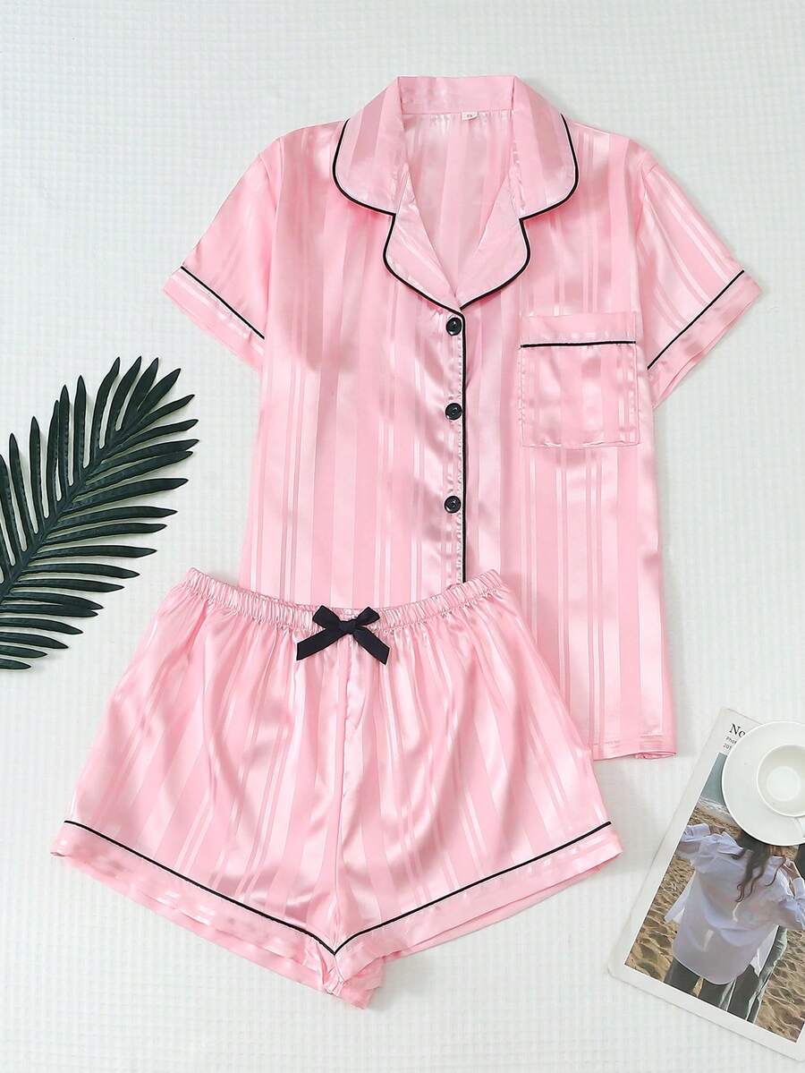 2件組緞面條紋短袖翻領上衣與蝴蝶結短褲女款睡衣家居服套裝 - 粉色 - 查看 1