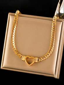 RAYQUEEN 1 Set Fashion Hip-Hop Style Hollow Heart Decor Stainless Steel Jewelry Set (Includes 1 Necklace, 1 Bracelet) Suitable For Women To Wear At Parties Or As A Holiday Gift For Mom - Yellow Gold - View 3