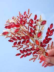 1 pieza Diadema de hoja con strass rojo, Corona nupcial elegante de oro, Adecuada para boda, fiesta de graduación - Rojo - Ver 4