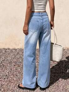 GILIPUR Women's High Waist Belt Decor Light Wash Wide Leg Denim Jeans, Casual Loose Fit Long Pants Fall - Blue - View 3