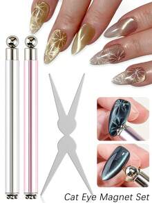 Double-Ended Cat Eye Nail Art Magnetic Wand With Y-Shaped Magnetic Plate, Multi-Function Strong Magnetic Nail Art Tool Set, 3D Flower Starry Sky Effect Magnetic Wand, Suitable For DIY Sand Eye Gel Nail Polish Nail Art Design, Silver Pink Nail Art Magnetic Pen Set - Multicolor - View 1