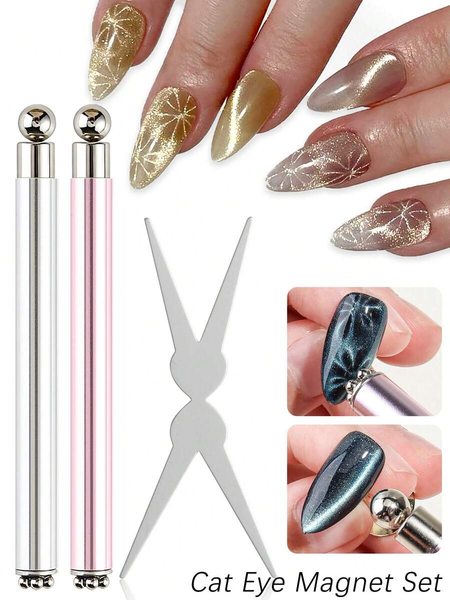 Double-Ended Cat Eye Nail Art Magnetic Wand With Y-Shaped Magnetic Plate, Multi-Function Strong Magnetic Nail Art Tool Set, 3D Flower Starry Sky Effect Magnetic Wand, Suitable For DIY Sand Eye Gel Nail Polish Nail Art Design, Silver Pink Nail Art Magnetic Pen Set - Multicolor - View 1