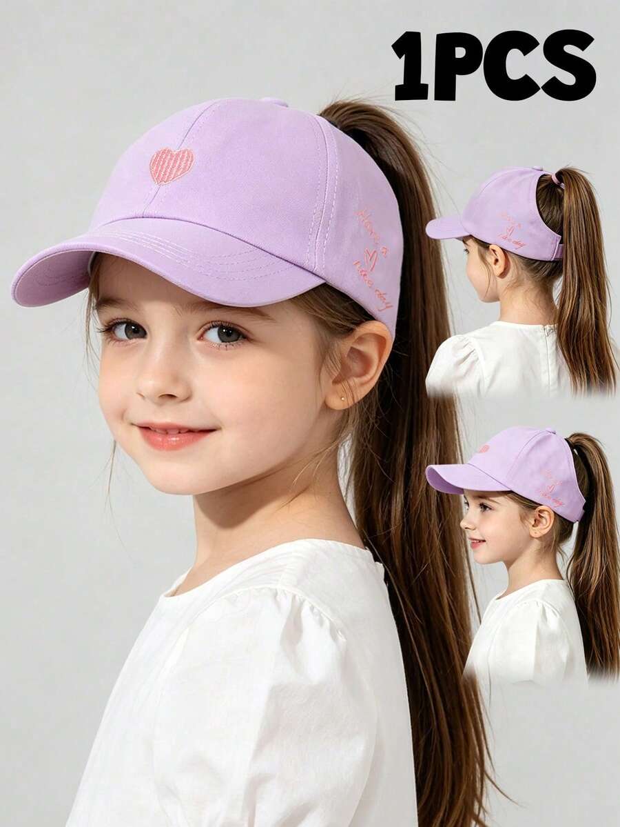 1pc Kids' Solid Color Casual Fashion High Ponytail Sun Protection Baseball Cap - Purple - View 1