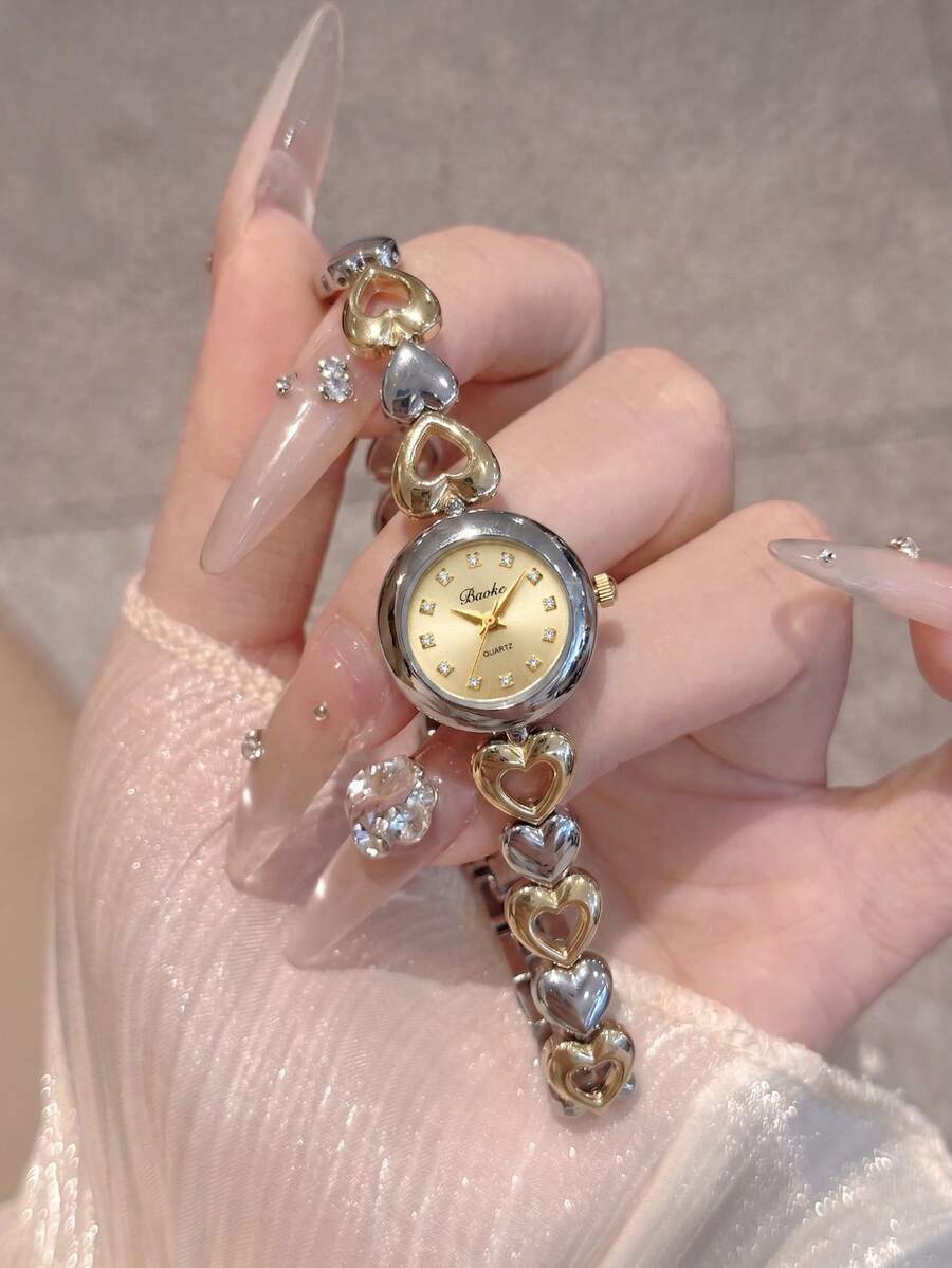 Xsvo Kids Minimalist Fashion Quartz Watch, Rhinestone Dial With Steel Band, Suitable For Birthday Gift, Year-End, Cyber Monday, 1pc/Set - Gold - View 1