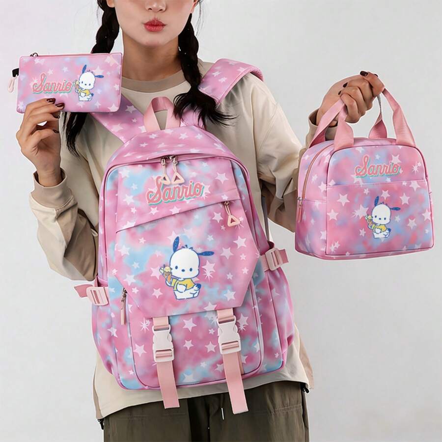 Miniso 粉藍漸層星星 Pochacco 印花後背包三件組,含手提包與鉛筆袋,適合上學、旅行、露營、日常通勤 - 粉色 - 查看 1