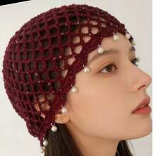 1pc Beach Casual Elegant Solid Color Faux Pearl Tassel Hollow Knit Sun Hat - Multicolor - View 12