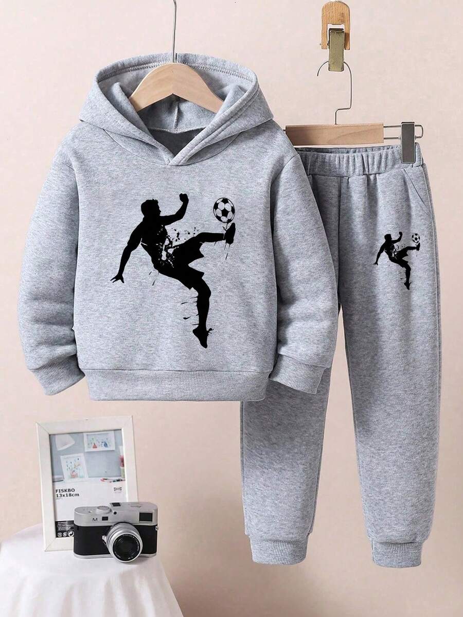 Varmt set med hoodie och mjukisbyxor med tecknat mönster för pojkar - Grå - Visa 1