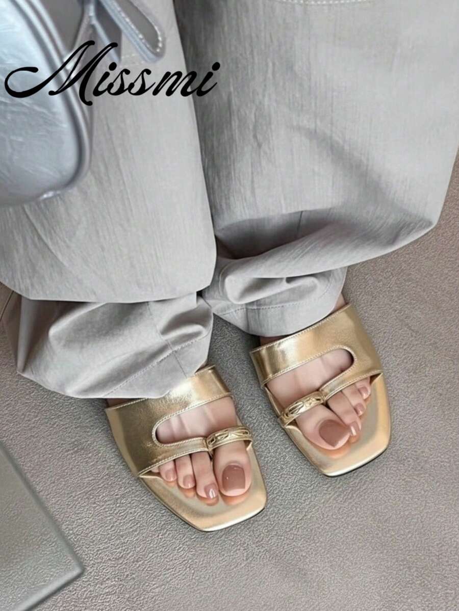 法式復古女款露趾一腳蹬涼鞋,夏季戶外穿著,粗高跟拖鞋 - 玫瑰金 - 查看 1