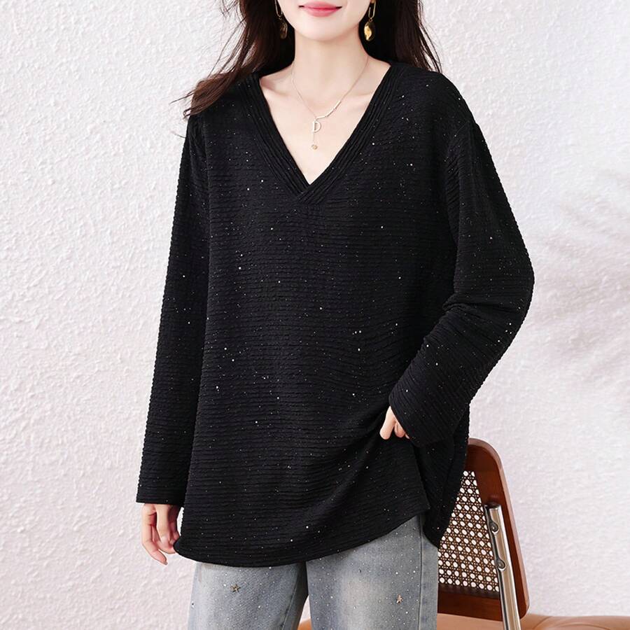 2026年春 大きいサイズレディースファッション おしゃれなスパンコールVネックニット長袖Tシャツ - ブラック - チェックする 1