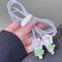 4pcs TPU Cable Protector Sleeve For IPhone Charging Data Cable, Minimalist Cute Style 3D Blue Flower Design, Apple USB-C To Lightning Connection Cable Plastic Wrap Rope Storage Tape, Ideal Gift For Girlfriend - Blue Flowers - View 3