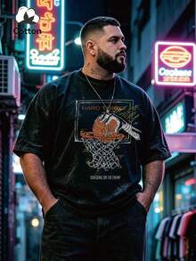 大码男士水洗棉街头风趣味短袖T恤，Youngboy Never Broke Again、Friends TV、动漫、万圣节等主题，百搭Y2K风格，适合日常穿着 - 黑色 - 查看 1