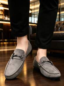 Men's Shoes, PU Faux Leather Suede Loafers, Casual Shoes, Slip-On Shoes, Flat Shoes, Driving Shoes, Plaid Pattern, Shopping, Dating, Valentine's Day, (Shoes Run Small And Narrow, Please Order One Size Up For Larger Feet) - Grey - View 3