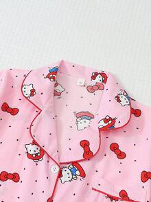 授權 2 件組 春夏女款 Sanrio Hello Kitty 印花翻領短袖鈕扣口袋上衣與蝴蝶結短褲睡衣套裝居家休閒服 - 粉色 - 查看 3