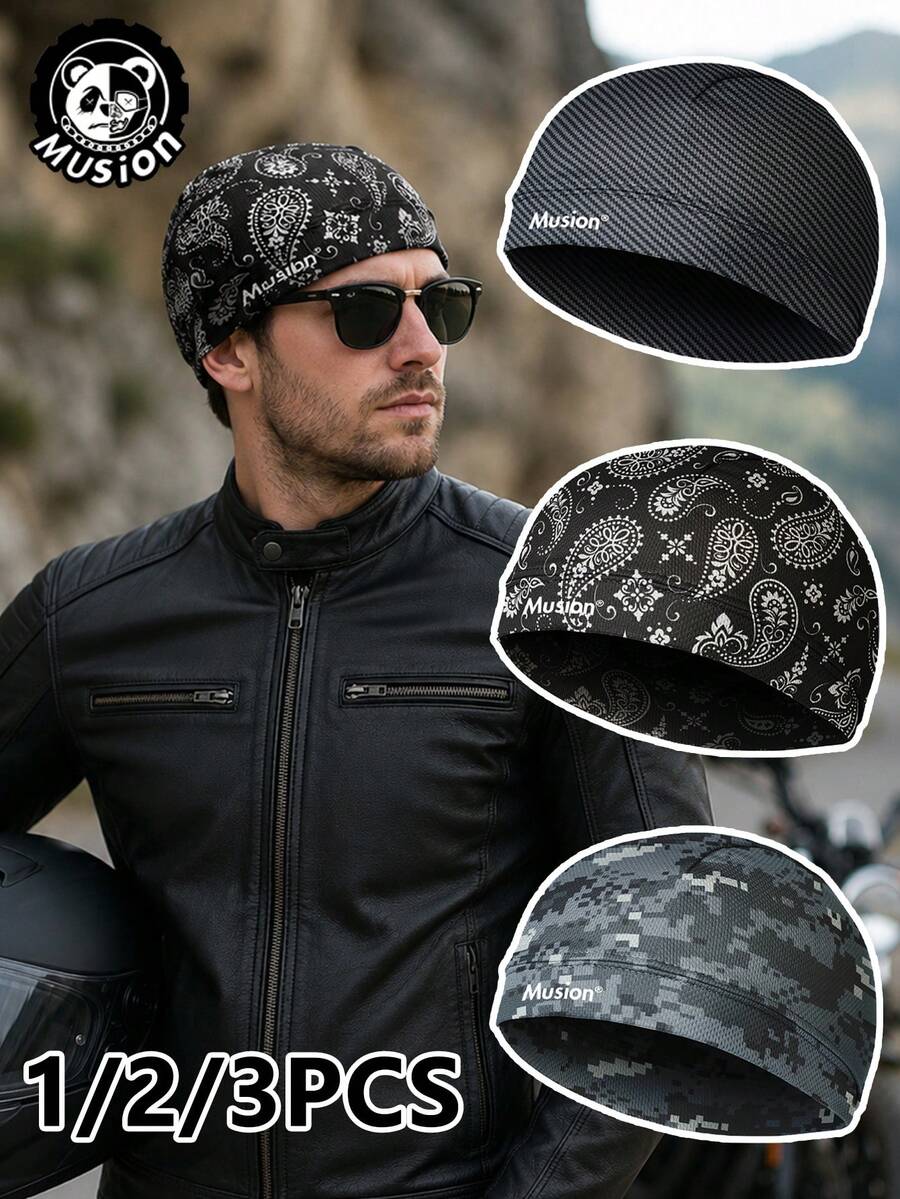 Musion 1/2/3pcs Paisley & Camo Print Knit Helmet Liner Beanie, Breathable Moisture-Wicking Skull Cap, Windproof Sweat-Absorbent Dome Hat For Motorcycle Riding, Cycling And Racing Sports