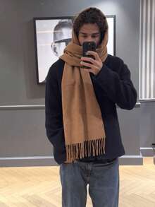 1件秋冬時尚純色羊毛保暖披肩圍巾，中性休閒防寒流蘇披肩，適合情侶日常穿著 - 紅咖色 - 查看 3
