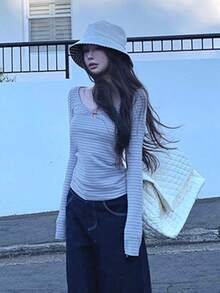 Spring/Autumn Casual Striped Long Sleeve T-Shirt - Blue and White Stripes - View 6