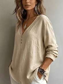 Women's Elegant Long Sleeve Button-Up Shirt, Regular Fit Solid Color Top, Suitable For Spring And Autumn, Casual Vacation Style Regular Hem Top - Khaki - View 3