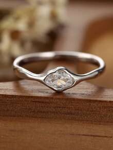 1pc Asymmetric Band Oval Zirconia Ring For Women, Dainty Minimalist Thin Silver Tone Stackable Finger Ring Daily Jewelry Gift - Simple Ring - View 2