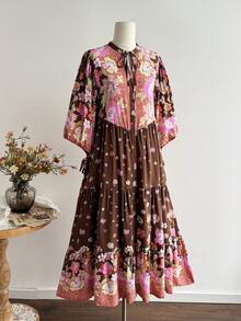 Rusttydustty Women's Brown Printed V-Neck Tie Puff Sleeve Bohemian Vacation Style Loose Long Dress, Suitable For Autumn - Brown - View 5