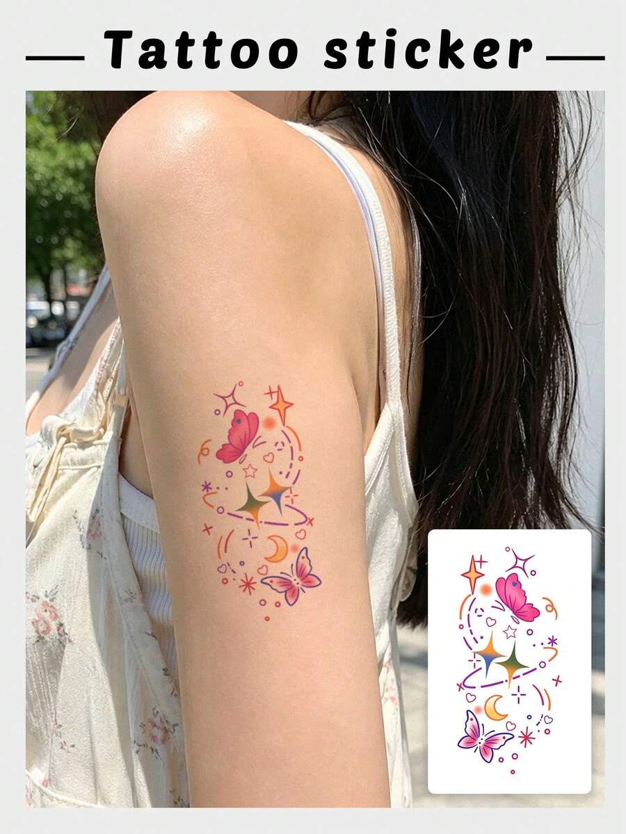1 Sheet Gradient Butterfly Moon Star Temporary Tattoo Stickers, Minimal Y2K Cosmic Galaxy Fake Tattoo For Shoulder Arm Clavicle, Waterproof Soft Girly Body Decor, Girls Daily Dating Matching Ins Viral Temporary Tattoos - Multicolor - View 1