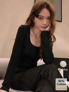 Women's Autumn Long Sleeve T-Shirt, Versatile Black Deep U-Neck Top, Slimming Solid Color Inner Layer Base Shirt Casual - Black - View 1