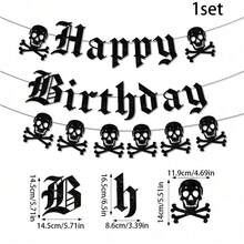 1組黑色亮片骷髏生日快樂橫幅，萬聖節哥德風主題懸掛旗幟，適合恐怖主題生日派對 - Black - 查看 3